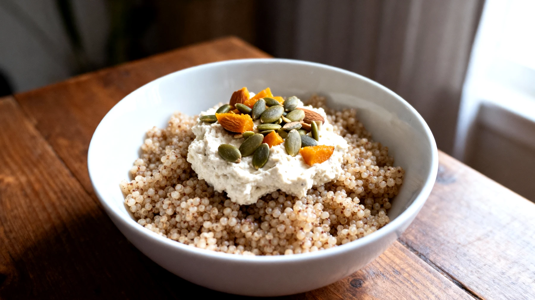 Amaranto soffiato con ricotta di mandorle e semi di zucca"
