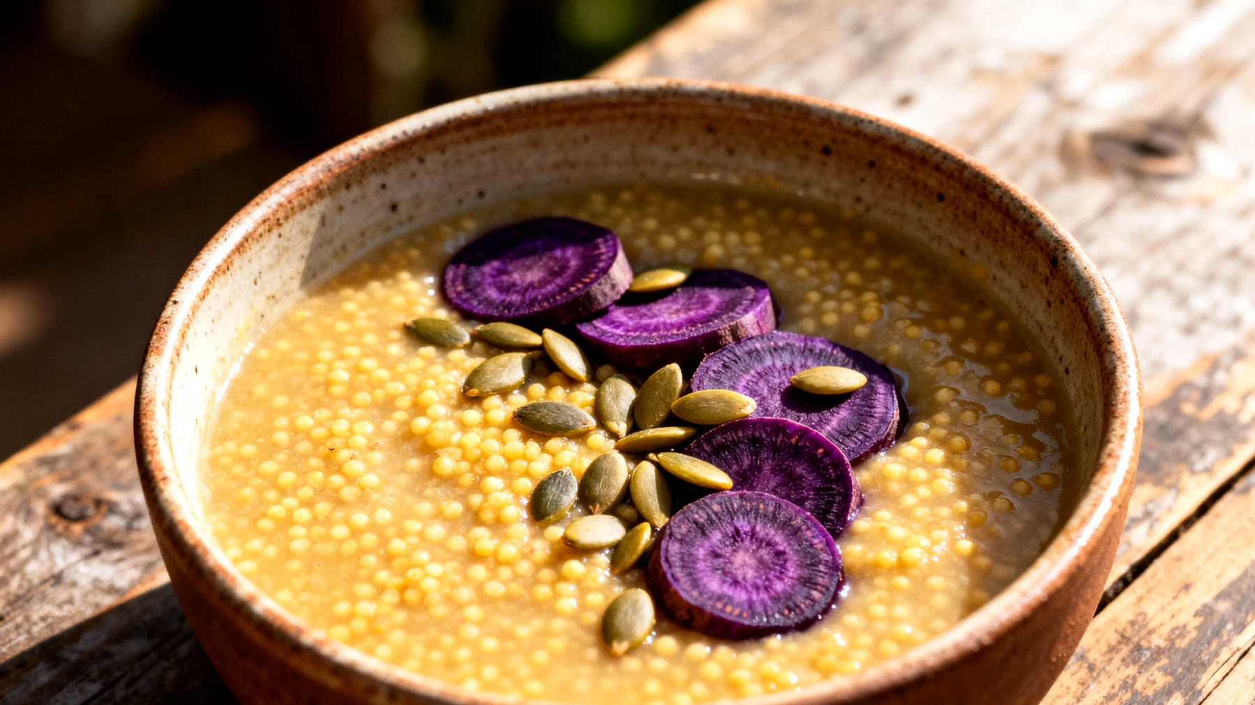 Zuppa di miglio con carote viola e semi di zucca"