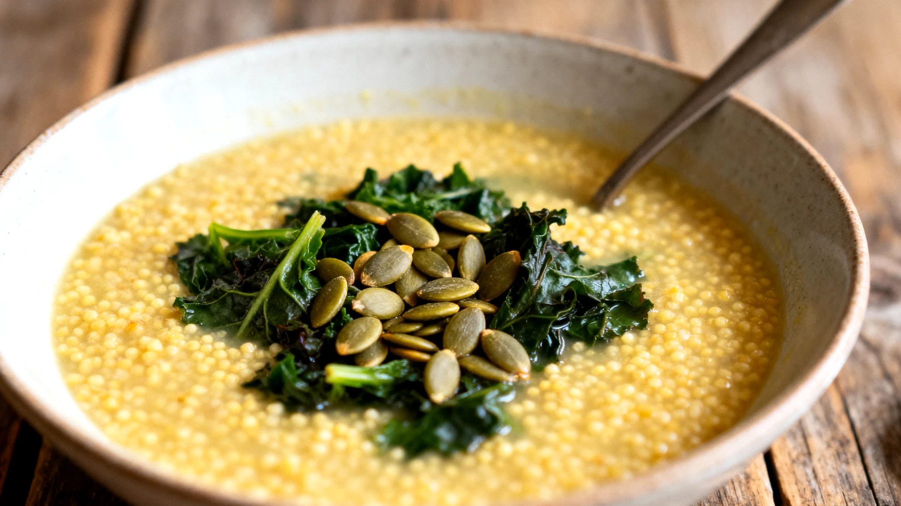 Zuppa di miglio con verdure amare e semi di zucca"