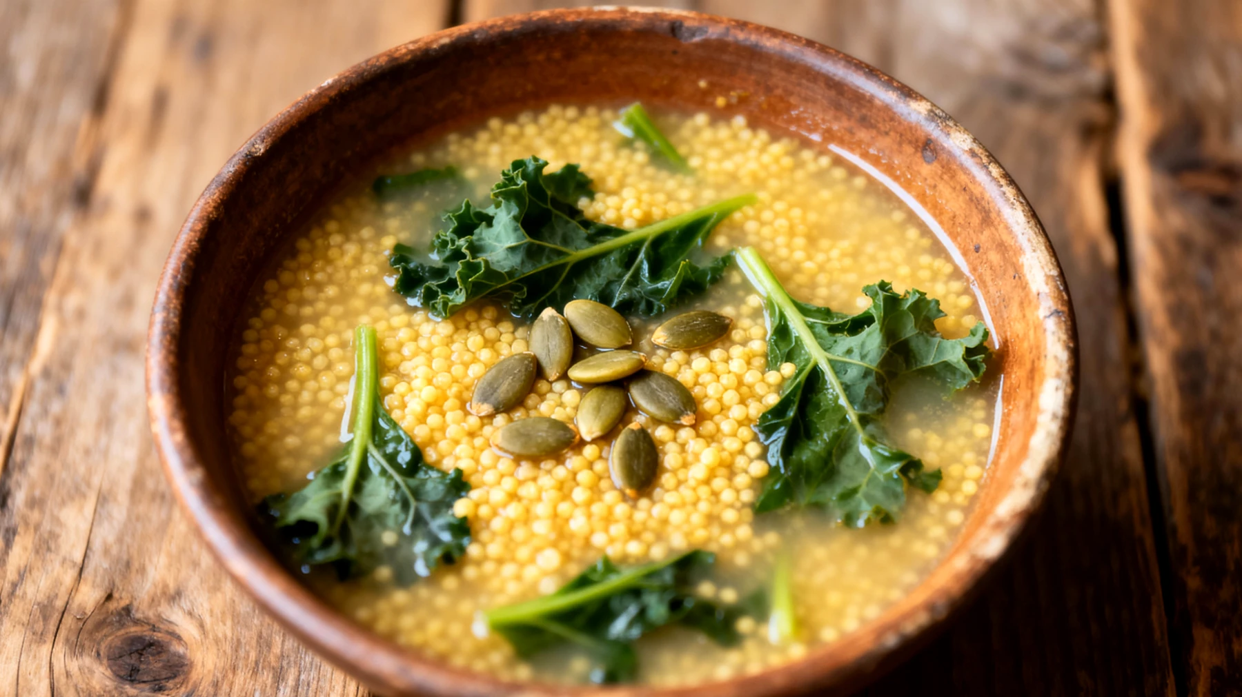 Zuppa di miglio con verdure amare e semi di zucca"